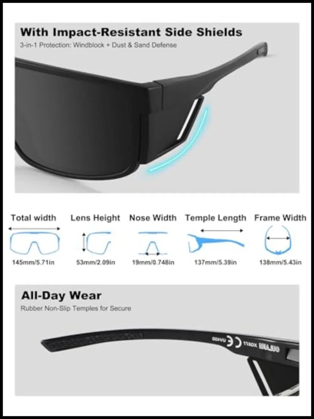 Polarized Sunglasses with Removable Side Shields UV400 Sport Hiking Fishing